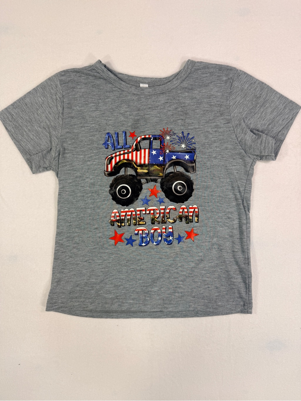 All American Boy Grey Tee With Patriotic Monster Truck